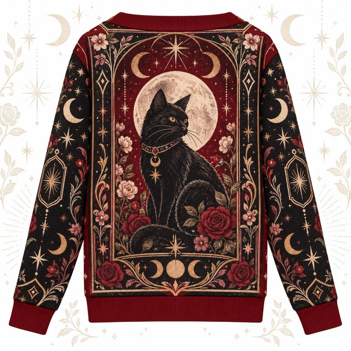 Raven Black Cat Crystal Ball Tarot Cardigan for Women Gothic Red Rose, back view