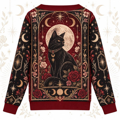 Raven Black Cat Crystal Ball Tarot Cardigan for Women Gothic Red Rose, back view