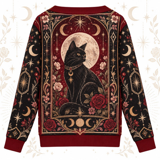 Raven Black Cat Crystal Ball Tarot Cardigan for Women Gothic Red Rose, back view