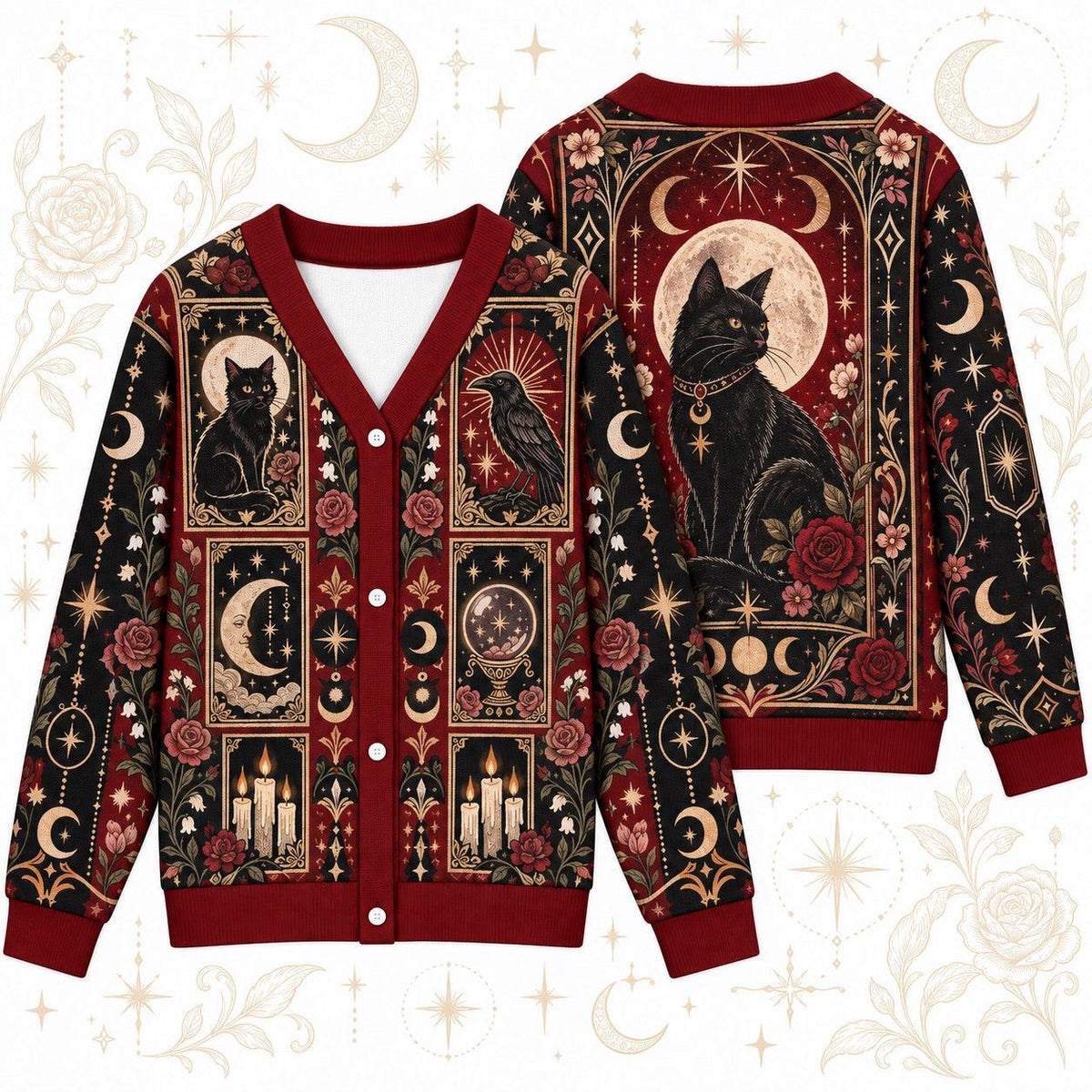 Raven Black Cat Crystal Ball Tarot Cardigan for Women Gothic Red Rose, front and back shown together
