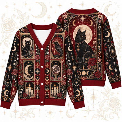 Raven Black Cat Crystal Ball Tarot Cardigan for Women Gothic Red Rose, front and back shown together