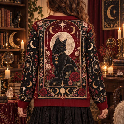 Raven Black Cat Crystal Ball Tarot Cardigan for Women Gothic Red Rose, worn, back view