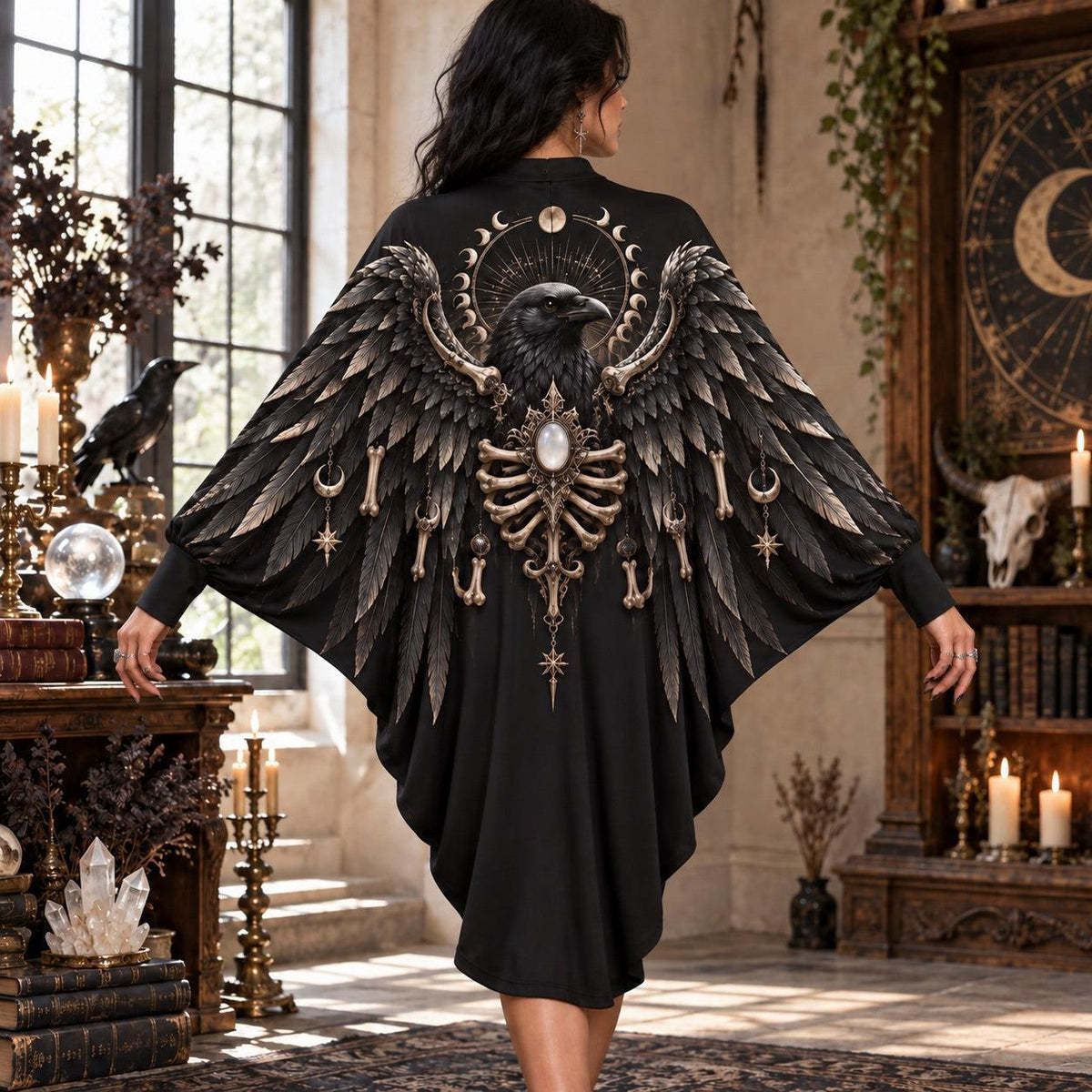 Raven Bone Reliquary Gothic Batwing Dress – Witchy Moon Phase Midi – worn, back view