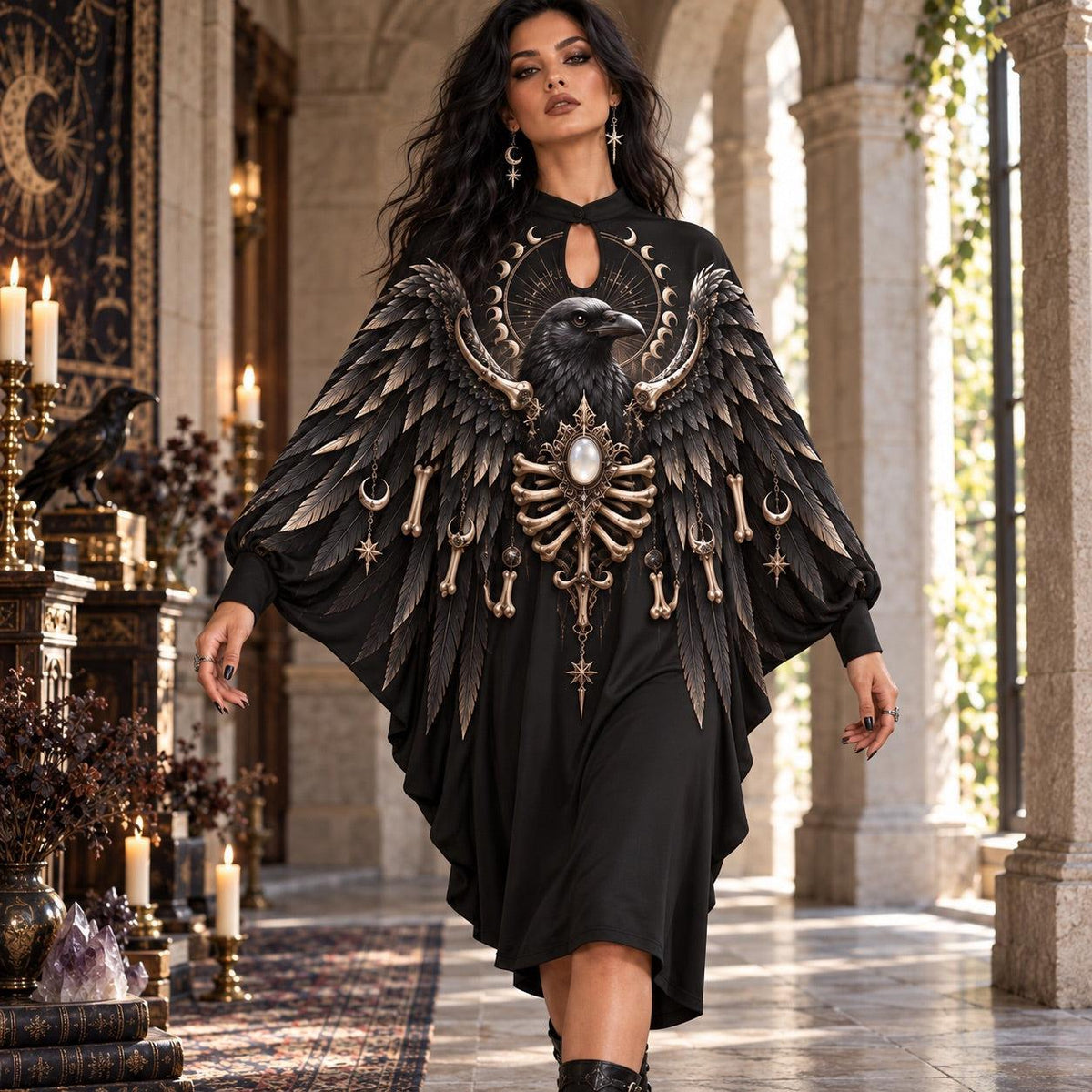 Raven Bone Reliquary Gothic Batwing Dress – Witchy Moon Phase Midi – worn, in motion