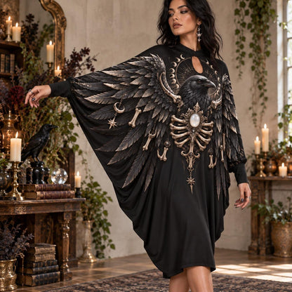 Raven Bone Reliquary Gothic Batwing Dress – Witchy Moon Phase Midi – worn, three quarter view