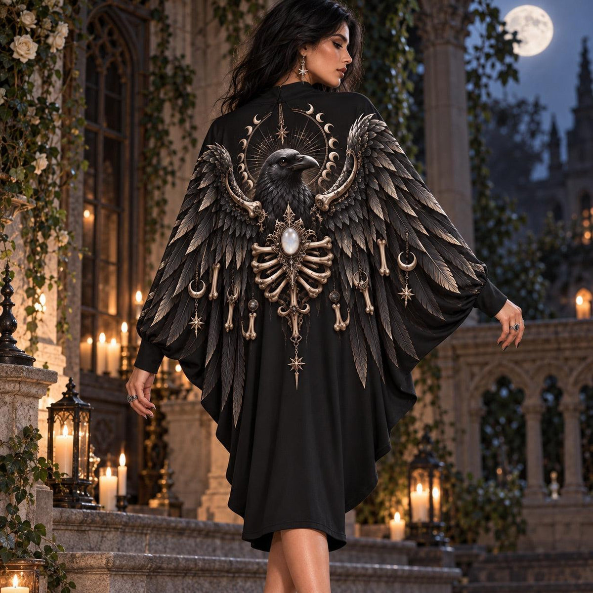 Raven Bone Reliquary Gothic Batwing Dress – Witchy Moon Phase Midi – worn, back view