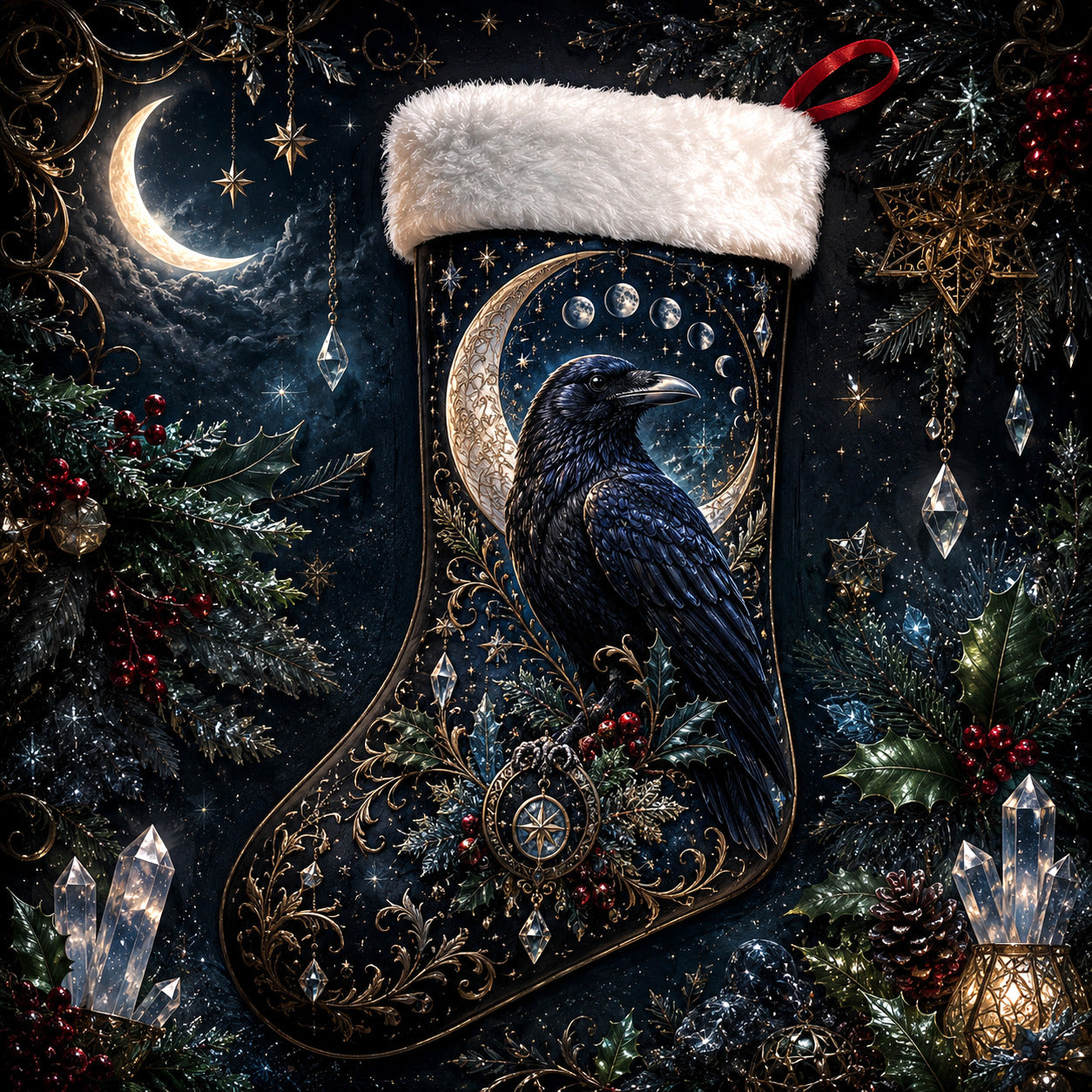 Raven Crescent Moon Christmas Stocking Gothic Yule Mantel Decor