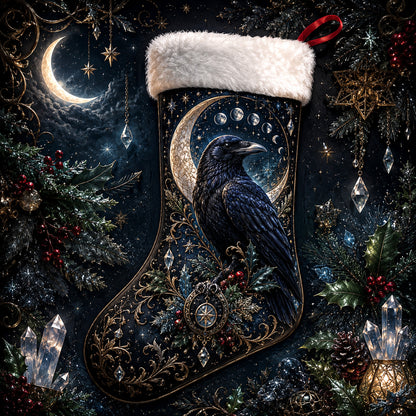 Raven Crescent Moon Christmas Stocking Gothic Yule Mantel Decor