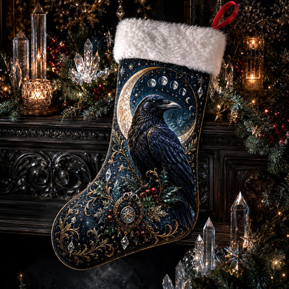 Raven Crescent Moon Christmas Stocking Gothic Yule Mantel Decor, styled shot 2