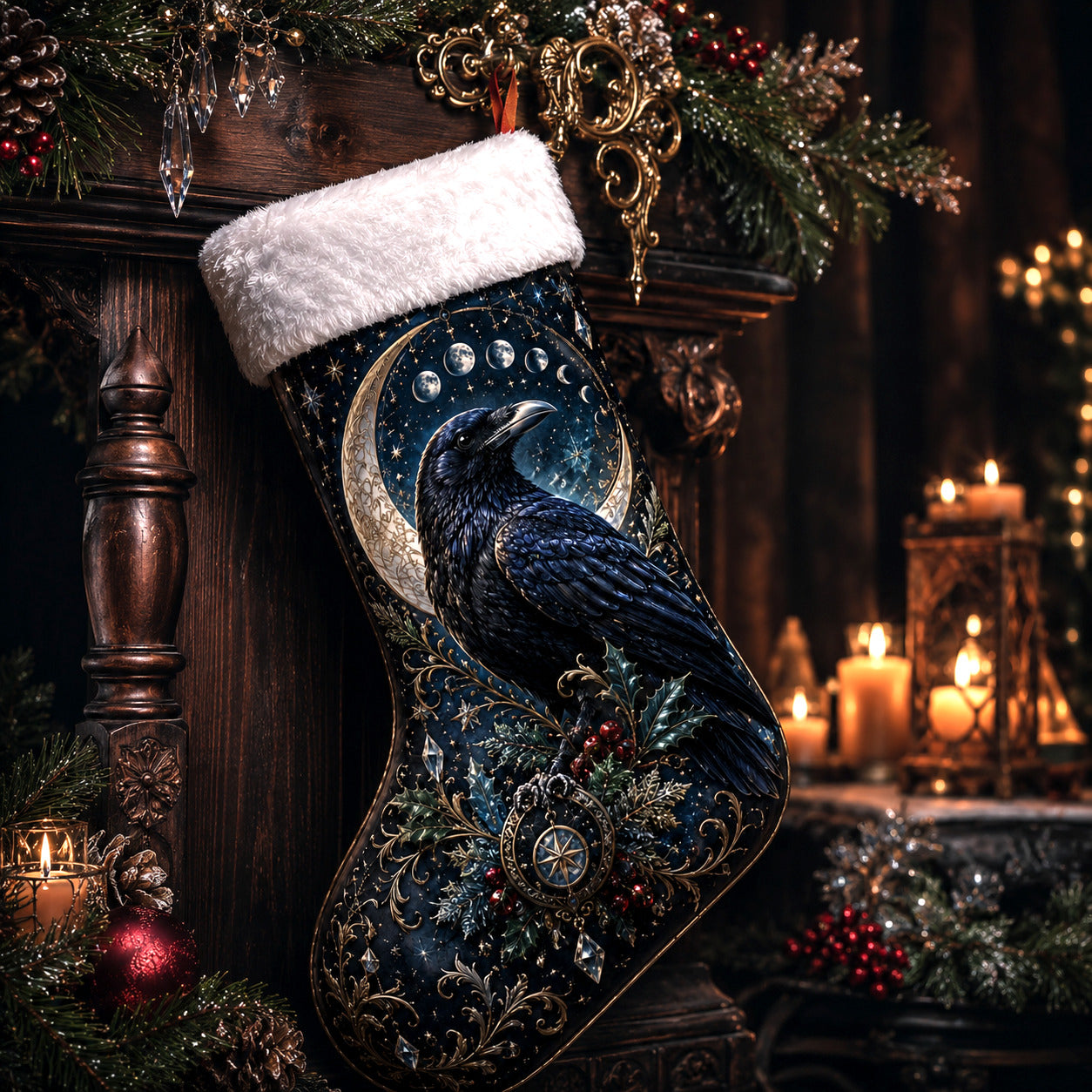 Raven Crescent Moon Christmas Stocking Gothic Yule Mantel Decor, styled shot 3