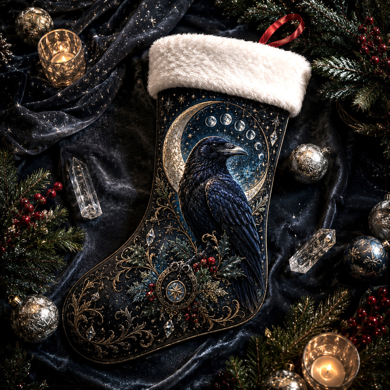 Raven Crescent Moon Christmas Stocking Gothic Yule Mantel Decor, styled shot 4
