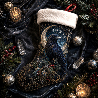 Raven Crescent Moon Christmas Stocking Gothic Yule Mantel Decor, styled shot 4