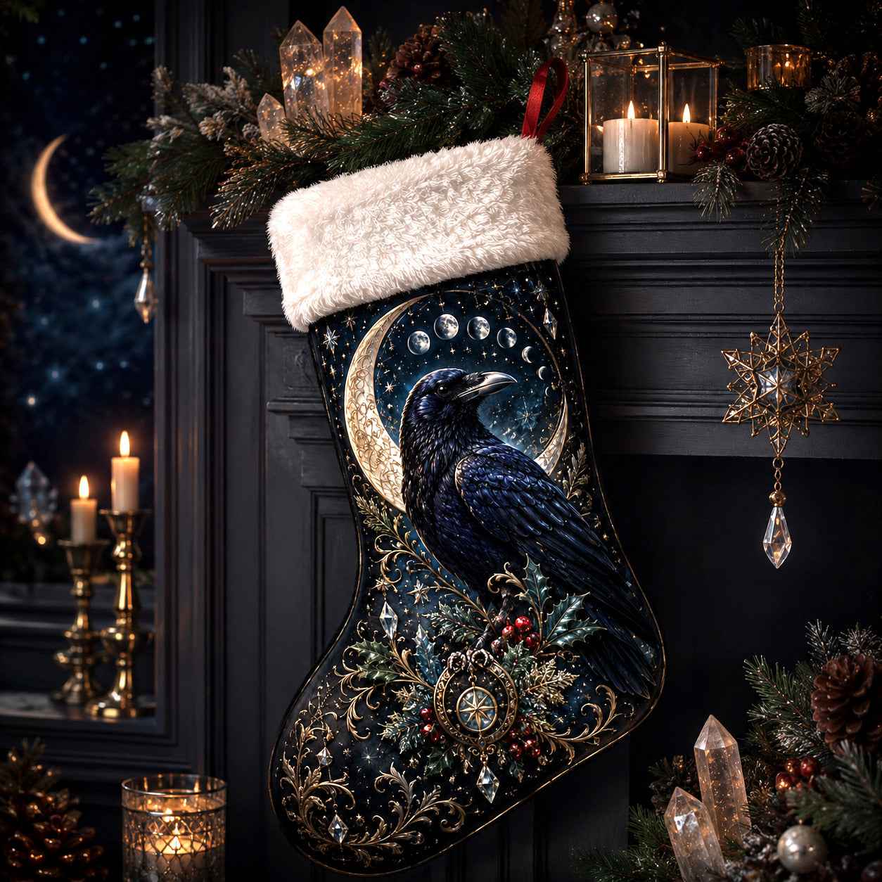 Raven Crescent Moon Christmas Stocking Gothic Yule Mantel Decor, styled shot 5
