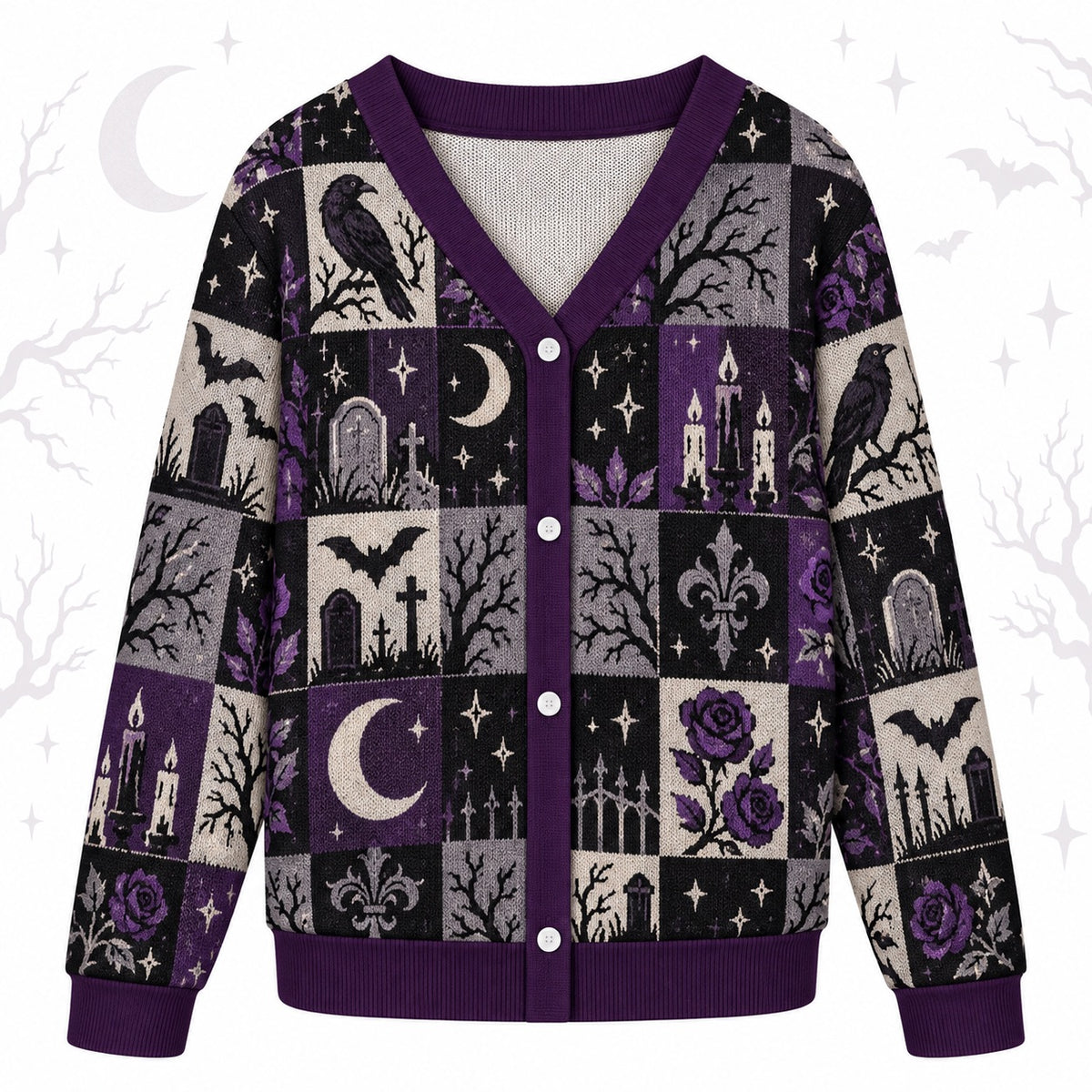 Raven Graveyard Purple Rose Gothic Cardigan for Women Bat Patchwork, front view