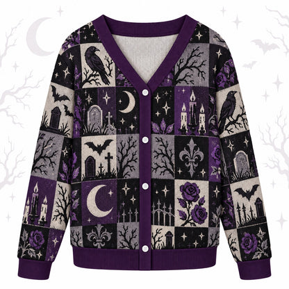 Raven Graveyard Purple Rose Gothic Cardigan for Women Bat Patchwork, front view