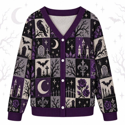 Raven Graveyard Purple Rose Gothic Cardigan for Women Bat Patchwork, front view