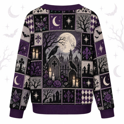 Raven Graveyard Purple Rose Gothic Cardigan for Women Bat Patchwork, back view