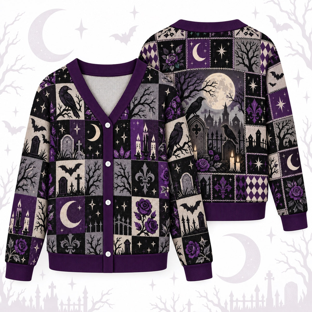 Raven Graveyard Purple Rose Gothic Cardigan for Women Bat Patchwork, front and back shown together