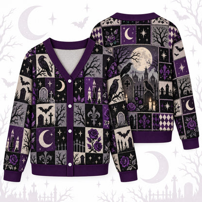Raven Graveyard Purple Rose Gothic Cardigan for Women Bat Patchwork, front and back shown together