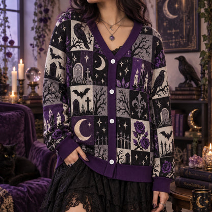 Raven Graveyard Purple Rose Gothic Cardigan for Women Bat Patchwork, worn, front view