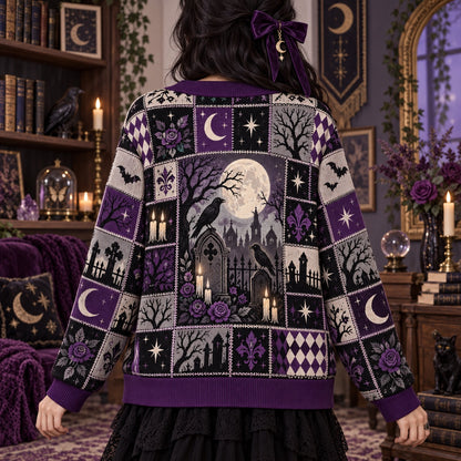 Raven Graveyard Purple Rose Gothic Cardigan for Women Bat Patchwork, worn, back view