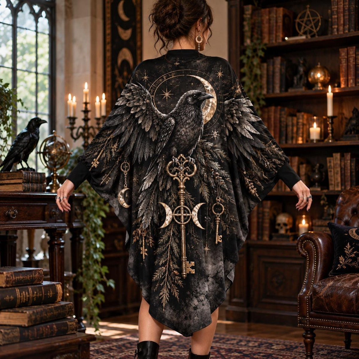 Raven Key Crossroads Witchy Batwing Dress – Triple Moon Gothic Midi – worn, back view