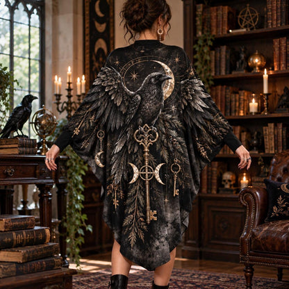 Raven Key Crossroads Witchy Batwing Dress – Triple Moon Gothic Midi – worn, back view