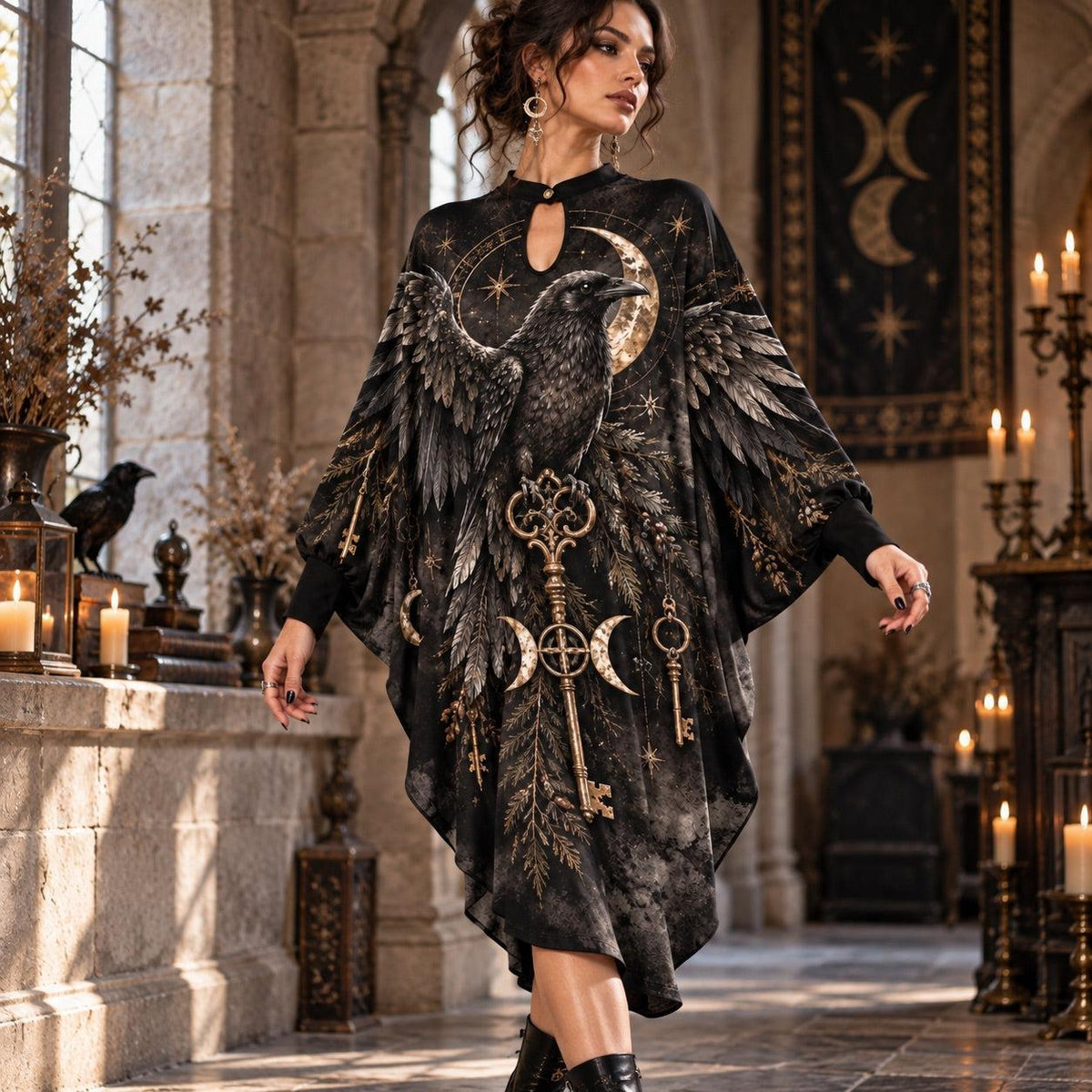 Raven Key Crossroads Witchy Batwing Dress – Triple Moon Gothic Midi – worn, in motion