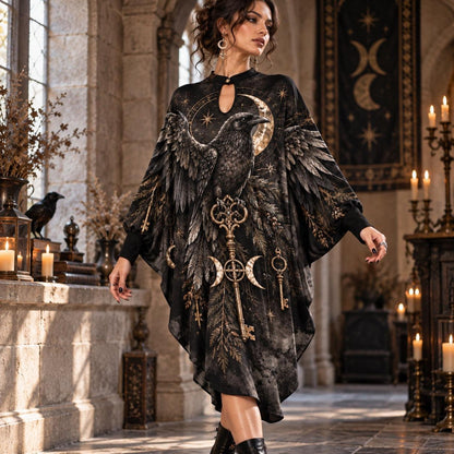 Raven Key Crossroads Witchy Batwing Dress – Triple Moon Gothic Midi – worn, in motion