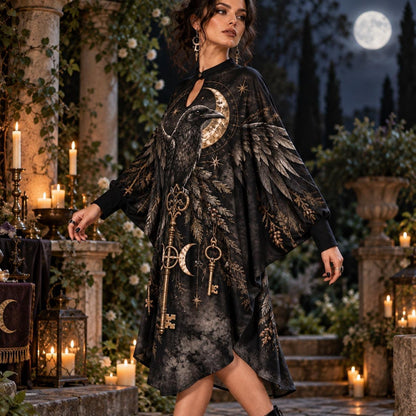Raven Key Crossroads Witchy Batwing Dress – Triple Moon Gothic Midi – worn, three quarter view