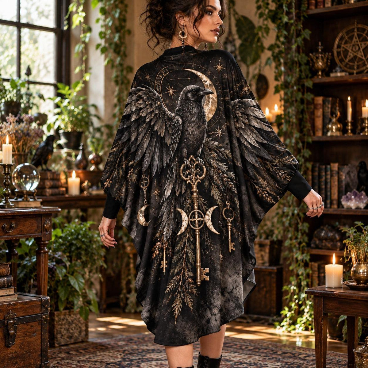 Raven Key Crossroads Witchy Batwing Dress – Triple Moon Gothic Midi – worn, back view