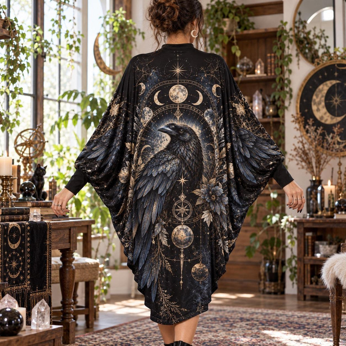 Raven Moon Gothic Batwing Dress – Witchy Celestial Dark Academia Midi – worn, back view