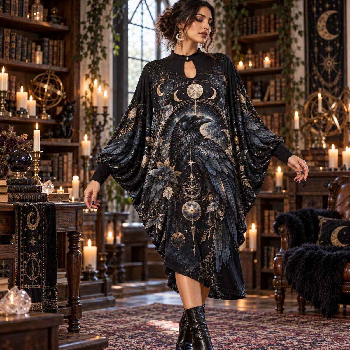 Raven Moon Gothic Batwing Dress – Witchy Celestial Dark Academia Midi – worn, in motion