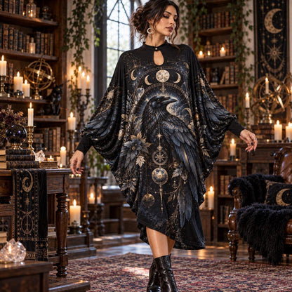Raven Moon Gothic Batwing Dress – Witchy Celestial Dark Academia Midi – worn, in motion