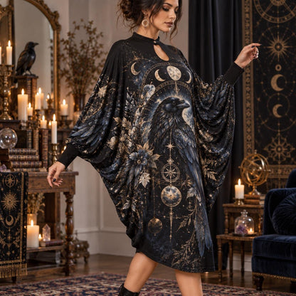 Raven Moon Gothic Batwing Dress – Witchy Celestial Dark Academia Midi – worn, three quarter view