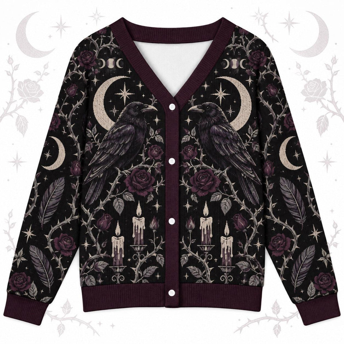 Raven Rose Moon Phase Samhain Cardigan for Women Gothic Witchy Sweater, front view