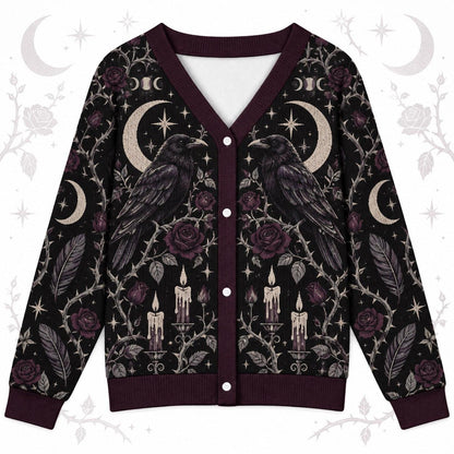 Raven Rose Moon Phase Samhain Cardigan for Women Gothic Witchy Sweater, front view