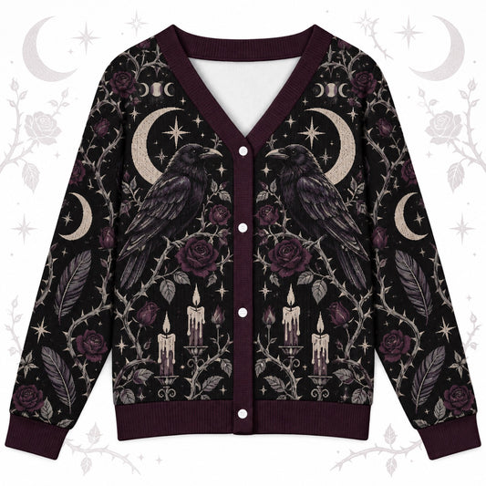 Raven Rose Moon Phase Samhain Cardigan for Women Gothic Witchy Sweater, front view