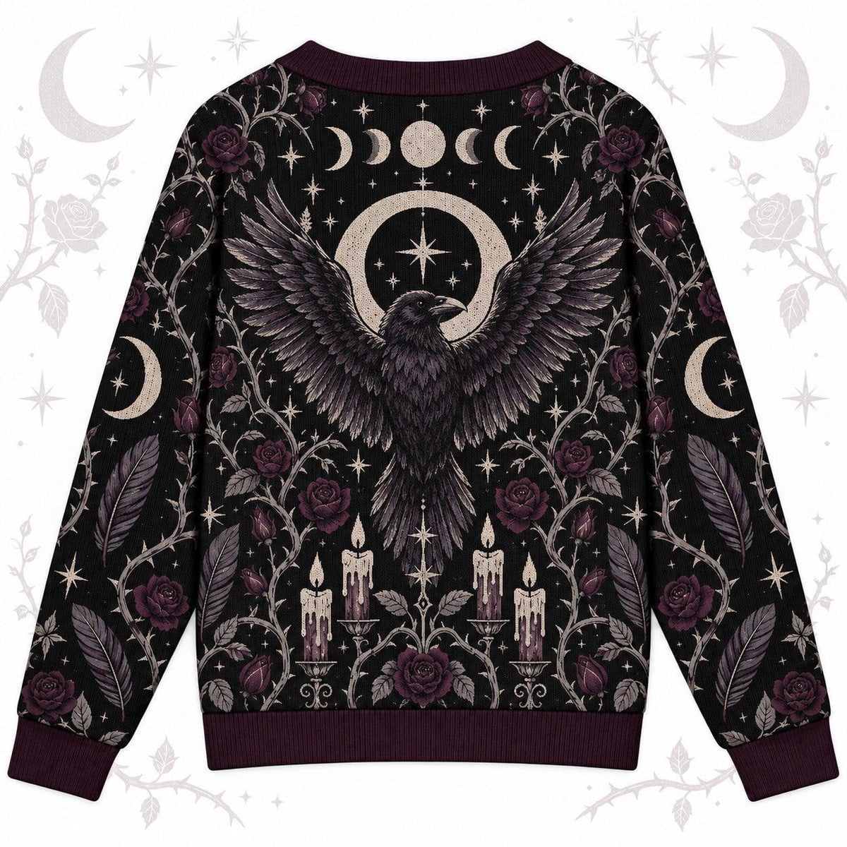 Raven Rose Moon Phase Samhain Cardigan for Women Gothic Witchy Sweater, back view