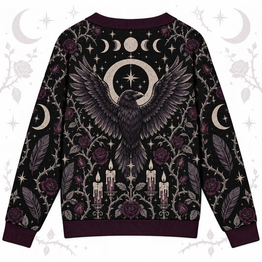 Raven Rose Moon Phase Samhain Cardigan for Women Gothic Witchy Sweater, back view