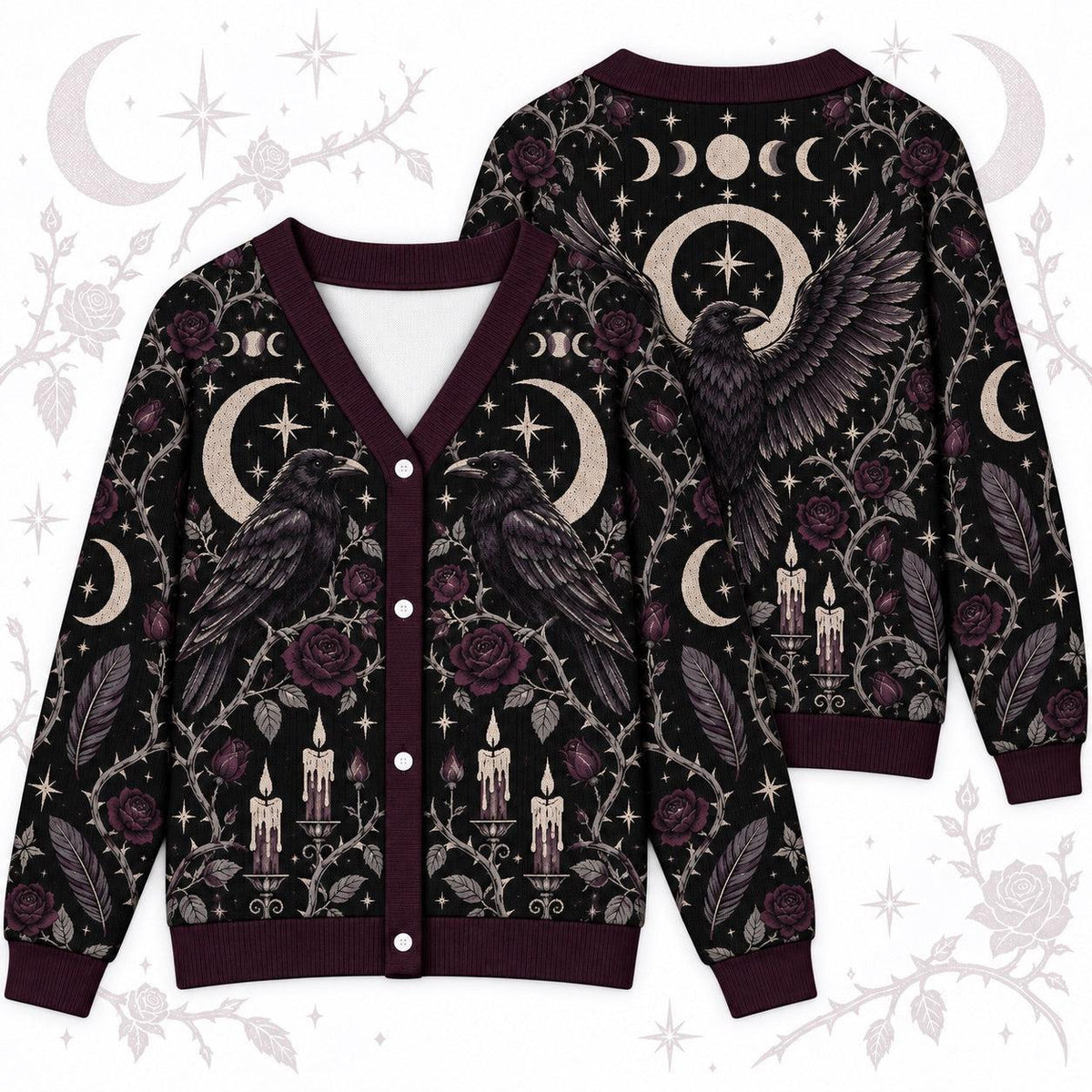 Raven Rose Moon Phase Samhain Cardigan for Women Gothic Witchy Sweater, front and back shown together