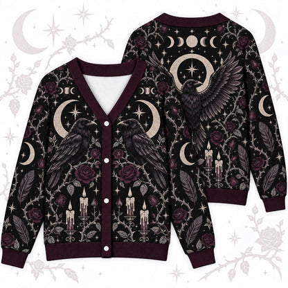 Raven Rose Moon Phase Samhain Cardigan for Women Gothic Witchy Sweater, front and back shown together