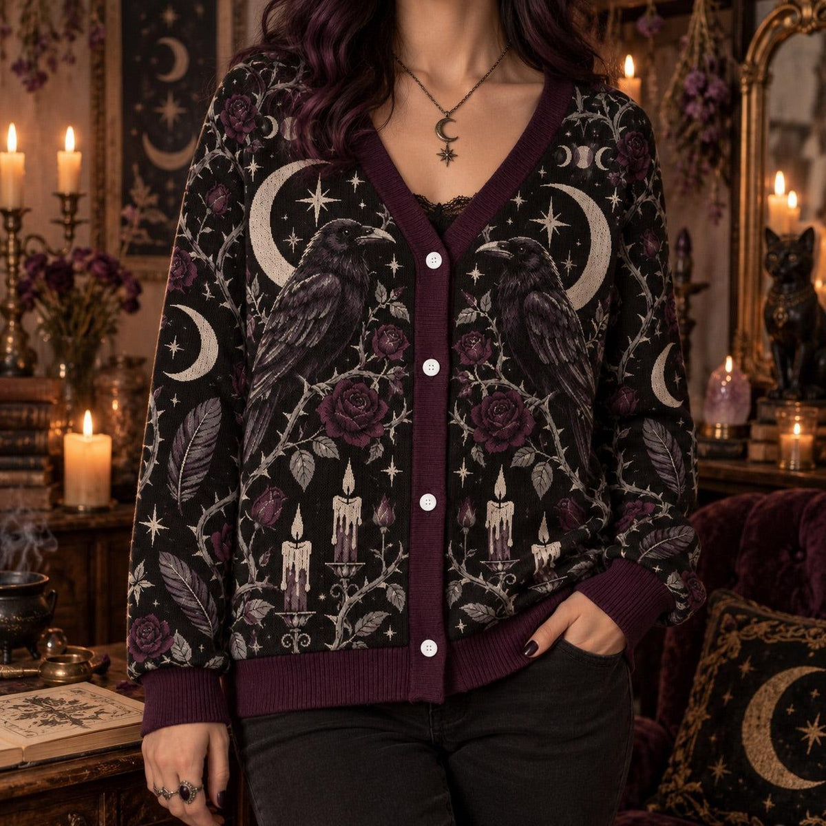 Raven Rose Moon Phase Samhain Cardigan for Women Gothic Witchy Sweater, worn, front view
