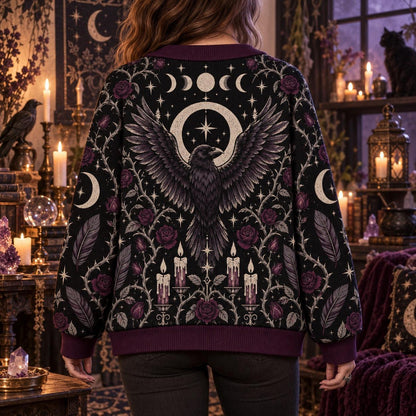 Raven Rose Moon Phase Samhain Cardigan for Women Gothic Witchy Sweater, worn, back view