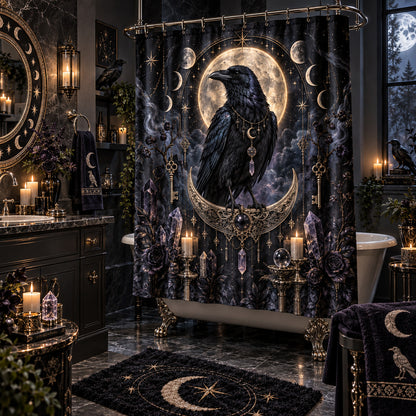 Raven Shower Curtain - Gold Crescent Celestial Witch Decor, styled shot 2