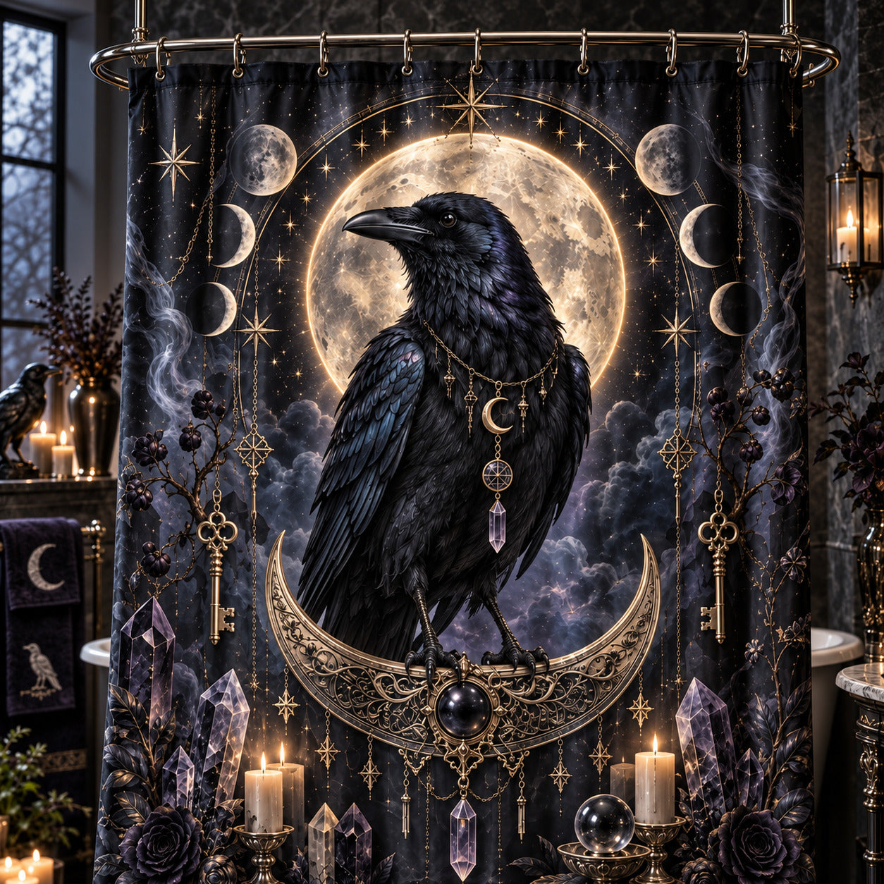 Raven Shower Curtain - Gold Crescent Celestial Witch Decor, styled shot 3