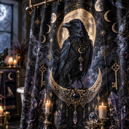 Raven Shower Curtain - Gold Crescent Celestial Witch Decor, styled shot 4