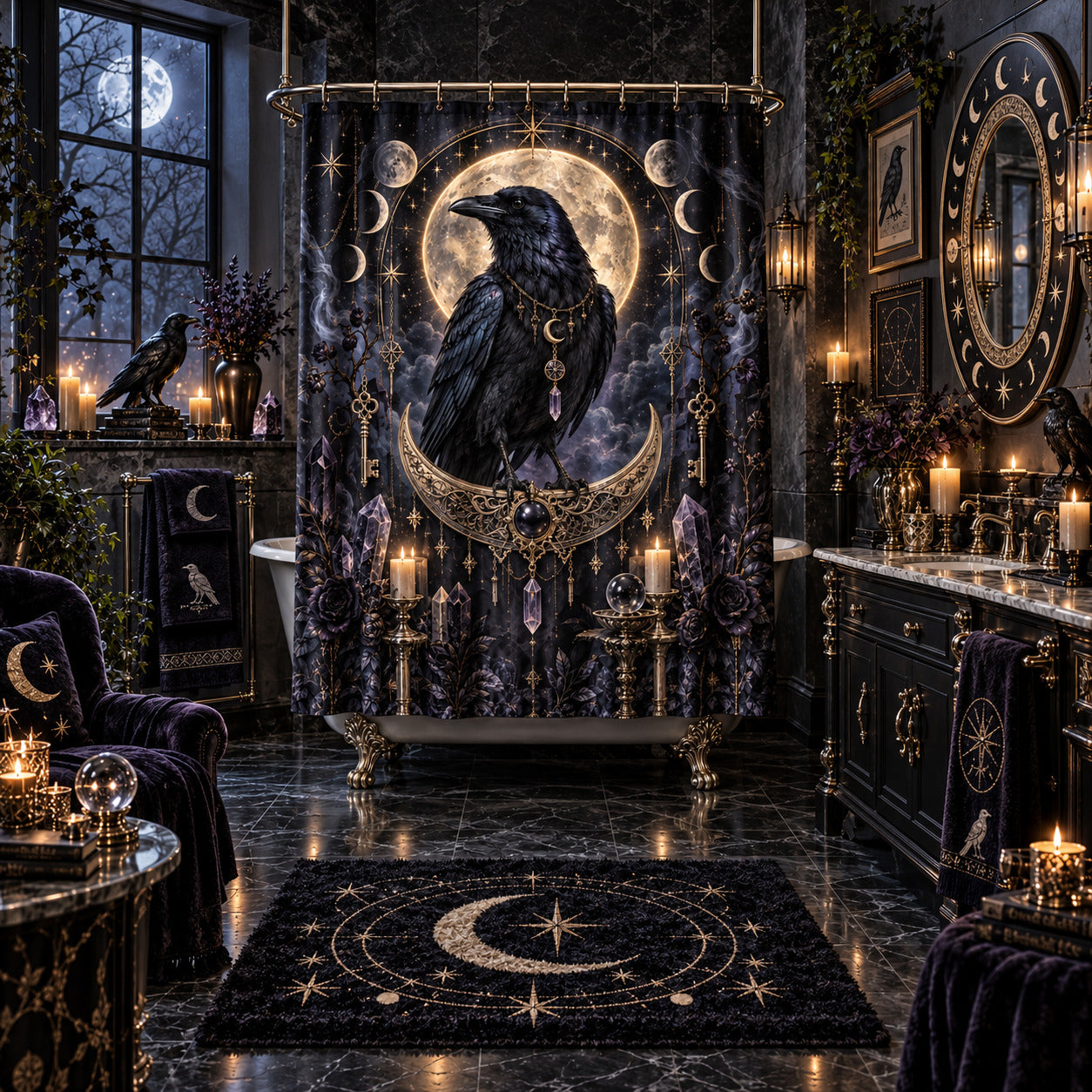 Raven Shower Curtain - Gold Crescent Celestial Witch Decor, styled shot 5