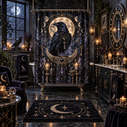 Raven Shower Curtain - Gold Crescent Celestial Witch Decor, styled shot 5