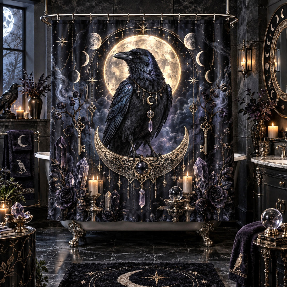 Raven Shower Curtain - Gold Crescent Celestial Witch Decor